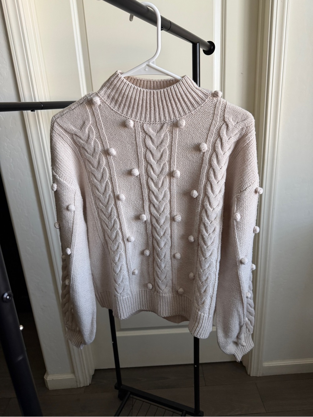 RD Style Cream Cable-Knit Pom Pom Turtleneck Sweater